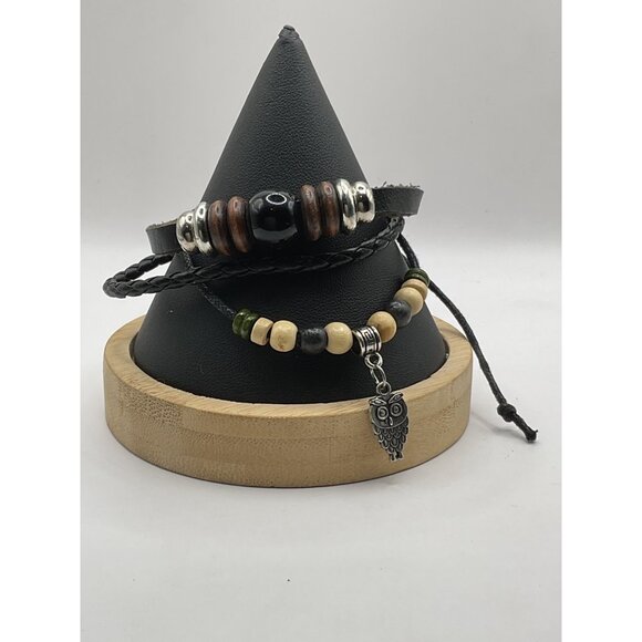 Owl Charm Leather & Beaded Adjustable Bracelet Set - Picture 1 of 3